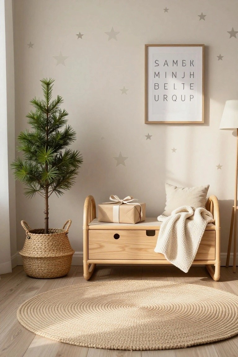 A small potted evergreen Christmas tree in a wicker basket stands next to a curved wooden bench holding wrapped gifts, a pillow, and a knit throw in a light beige room with star wall decals, a round rug, and a floor lamp.
