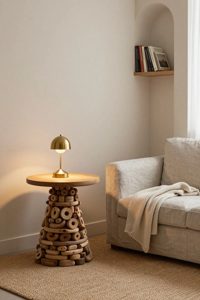 A round wooden side table with a conical base of stacked wooden rings in a beige room corner, topped with a gold domed lamp, next to a linen sofa on a seagrass rug.