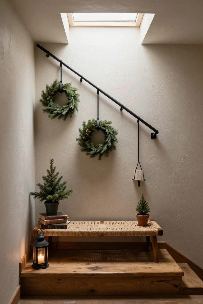 Warm, minimalist entryway featuring wreaths, potted plants, a lantern, and wooden bench.
