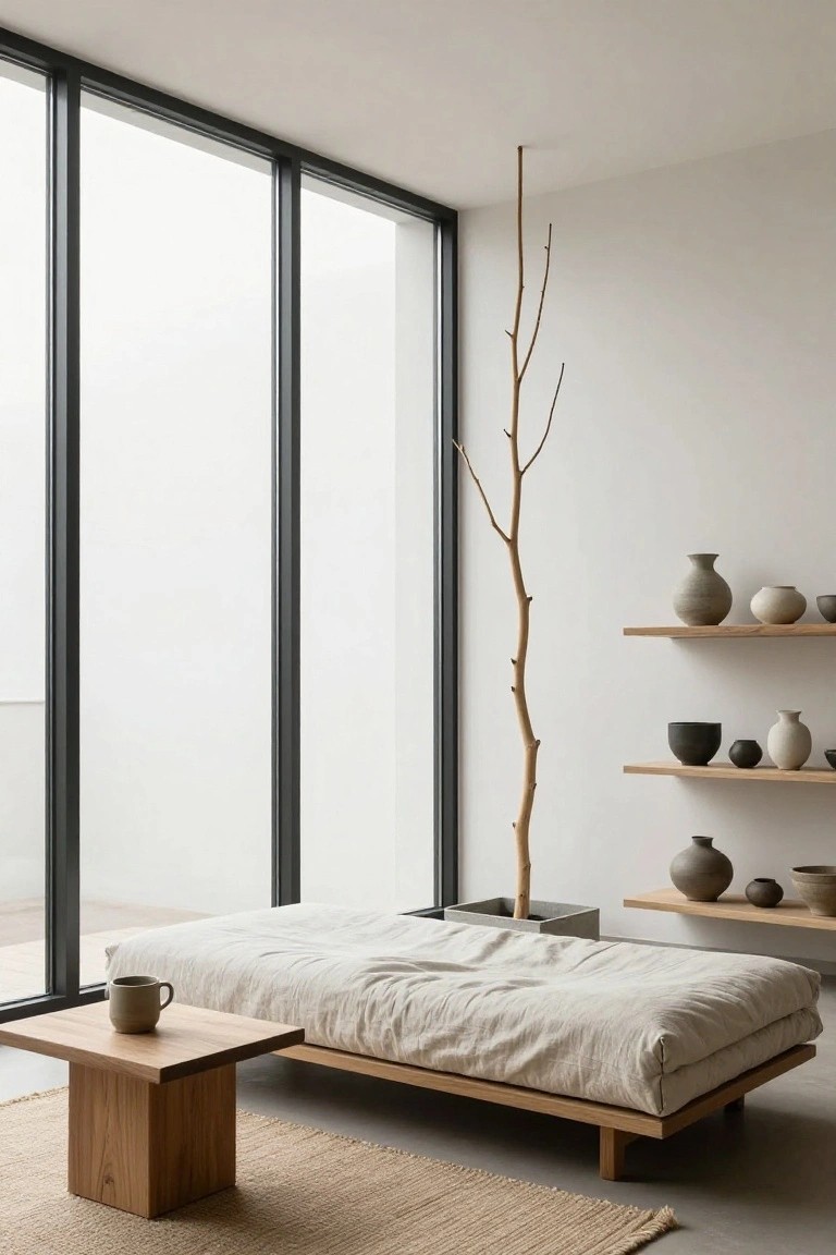 Minimalist white room with floor-to-ceiling black-framed windows, low wooden platform bed with beige linens, small square wooden side table holding a beige mug, floating wooden shelves displaying gray and beige pottery, and a tall bare wooden branch in a square pot.