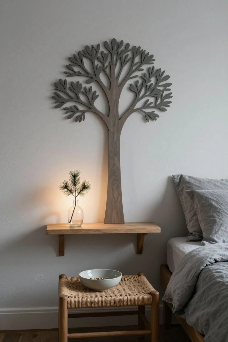 Gray wooden tree wall sculpture with cutout branches mounted above a wooden shelf holding a lit glass vase with a small pine sprig, beside a bed and rattan stool with a white bowl.