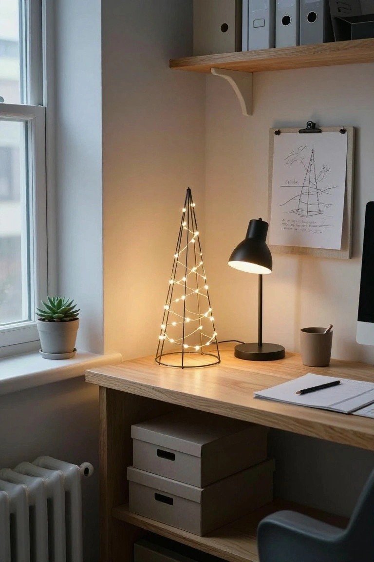 Black wireframe Christmas tree lamp with fairy lights on a wooden desk in a home office, next to a black desk lamp, papers, mug, and potted succulent by a window.