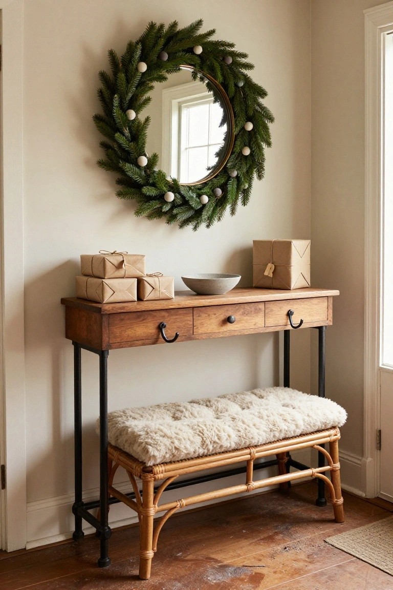 Round mirror encircled by a Christmas wreath with greenery and white baubles above a wooden console table with drawers holding stacked wrapped gifts in brown paper, a white ceramic bowl, and a rattan bench with white sheepskin cushion in a beige entryway corner near a door and window.