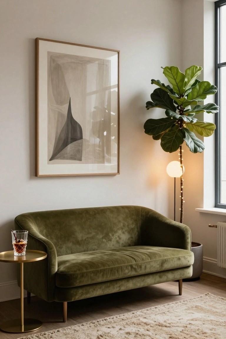 Corner of a light-colored living room with a green velvet loveseat, brass side table holding a glass drink with cinnamon stick, large framed abstract artwork on wall, fiddle leaf fig plant, floor lamp with fairy lights wrapped around its stem and white shade, near a window and beige rug.