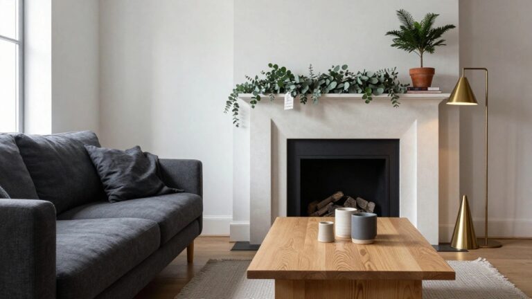 Modern living room with dark gray linen sofa draped in a light throw, oak coffee table holding two gray mugs and books, potted palm plant, brass floor lamp, and white floating shelf above fireplace holding eucalyptus garland, gold cone vase, books, and framed art.