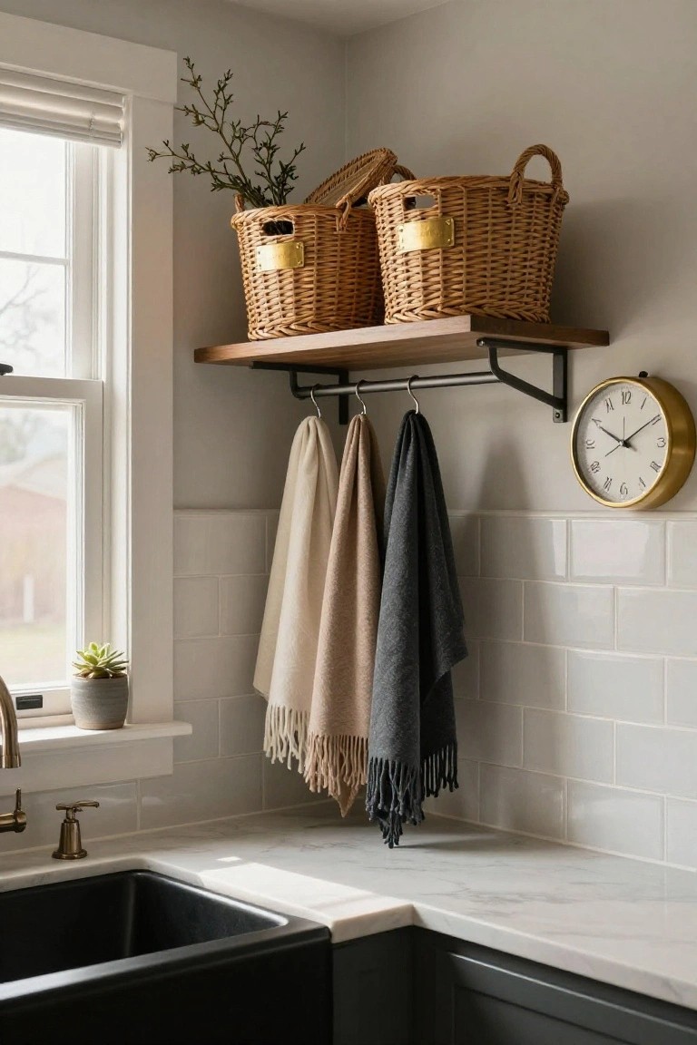 Kitchen corner featuring a black farmhouse sink, white subway tile backsplash, marble countertop, wooden wall shelf holding two wicker baskets, metal rod below with three hanging neutral throws, gold clock, potted succulent, and window.