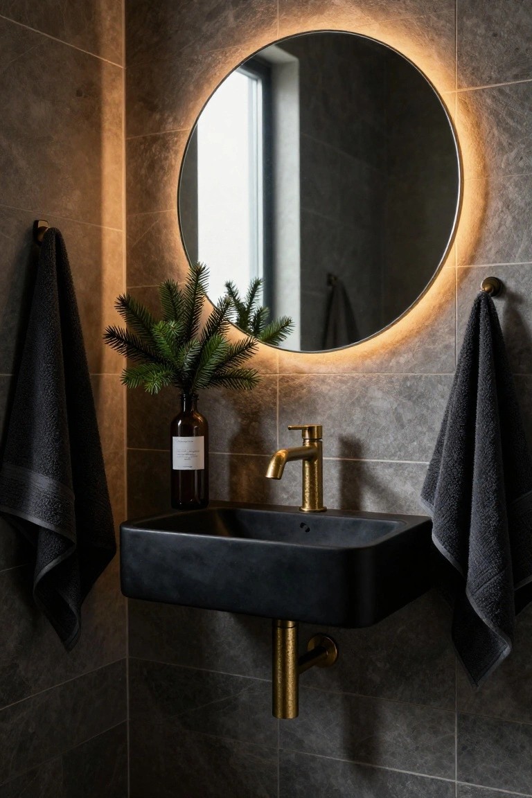 Corner bathroom vanity with black matte sink, gold faucet and drain, round mirror with LED edge lighting, two black towels on gold hooks, brown glass bottle holding fir branches on the counter, gray veined tile walls.