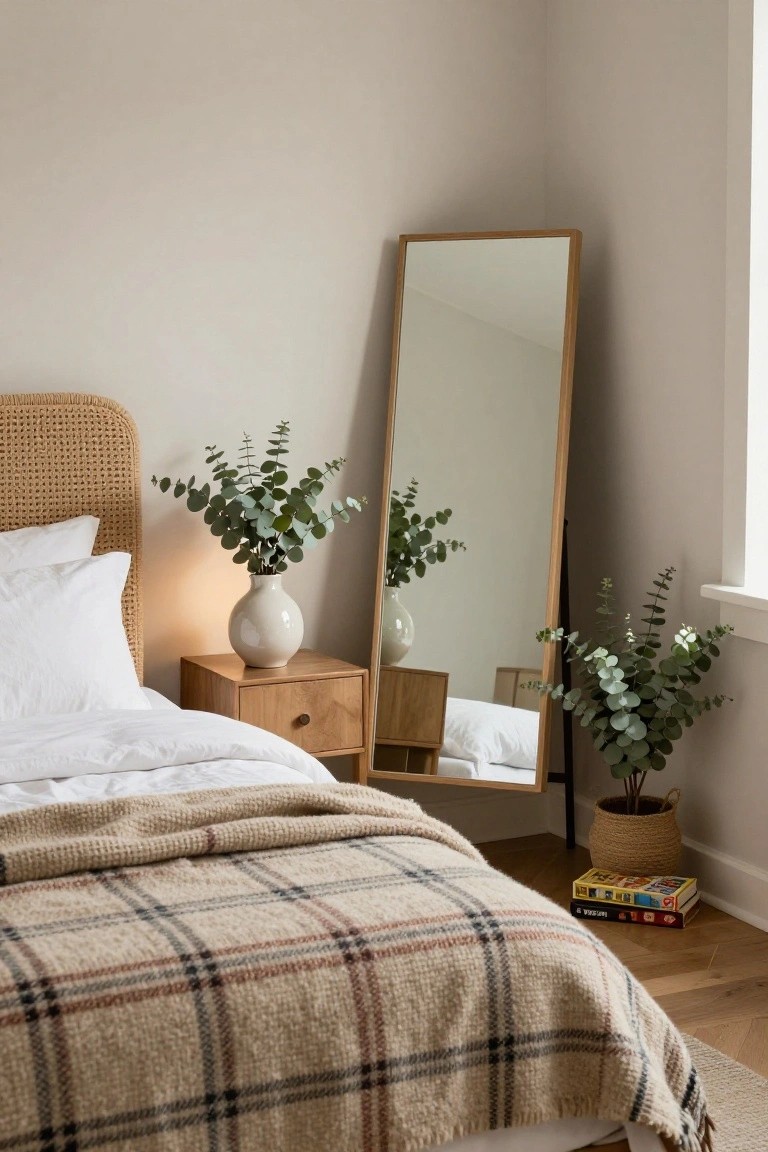 Bedroom corner with rattan headboard bed covered in white sheets and a beige plaid throw, wooden nightstand with white vase of eucalyptus branches, tall leaning oak mirror, and woven basket holding another eucalyptus plant on oak floor.