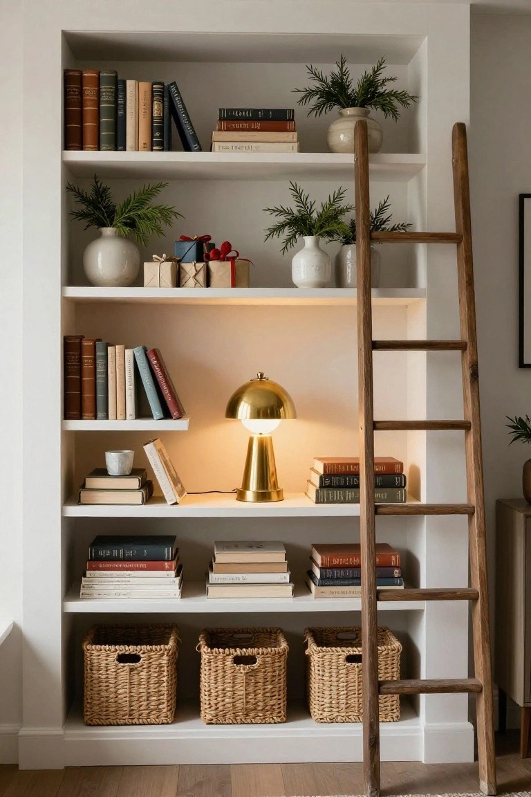 Tall white bookcase with sliding wooden ladder against a wall, shelves holding assorted books, potted greenery, wrapped gifts, gold lamp, teacup, and wicker baskets at the bottom.