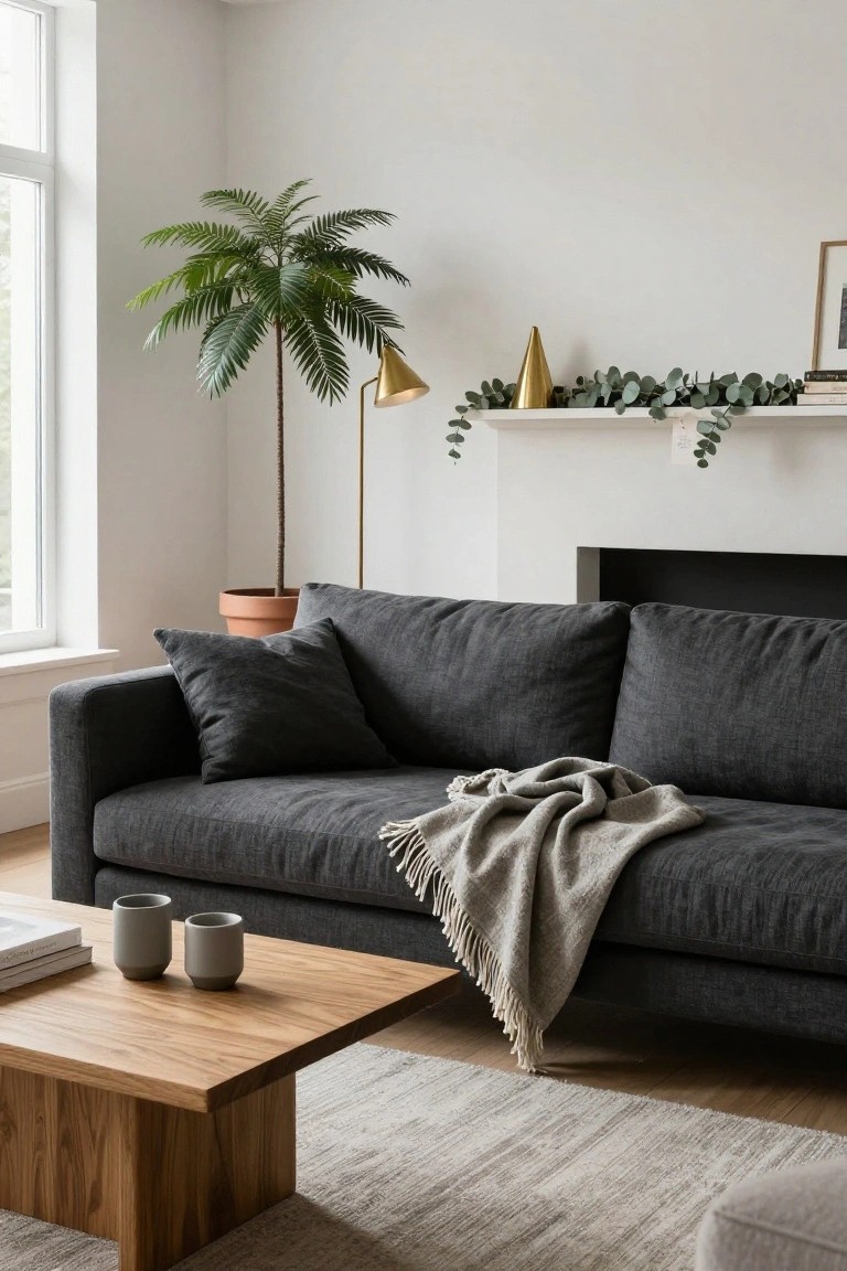 Modern living room with dark gray linen sofa draped in a light throw, oak coffee table holding two gray mugs and books, potted palm plant, brass floor lamp, and white floating shelf above fireplace holding eucalyptus garland, gold cone vase, books, and framed art.