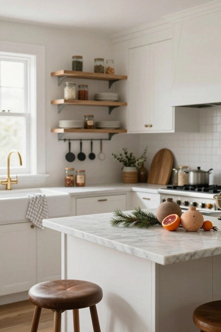 Modern white kitchen with marble island holding halved blood oranges, whole oranges, pine branches, and terracotta pots, plus wooden bar stools, gold faucet, and white cabinets.