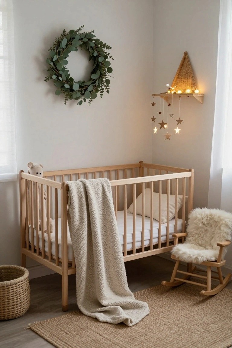 Neutral-toned nursery corner with wooden crib containing a teddy bear and beige blanket, fluffy white rocking chair, eucalyptus wreath on wall, star mobile with lights on shelf, and woven basket on floor.