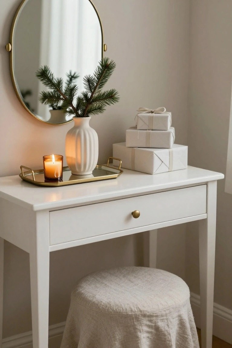 White vanity table in a beige room corner holding stacked white gift boxes with ribbons, white vase of fir branches, gold tray with amber glass candle, round gold mirror above, and beige fabric pouf stool below.