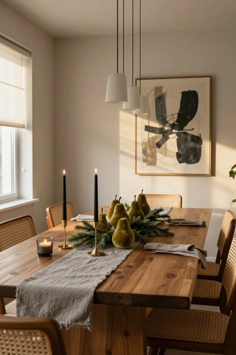 Dining room table with wooden surface, gray runner, cluster of green pears, fir branches, black taper candles in gold holders, glass candle holder, and rattan chairs around it, against beige walls with abstract art and pendant lights.