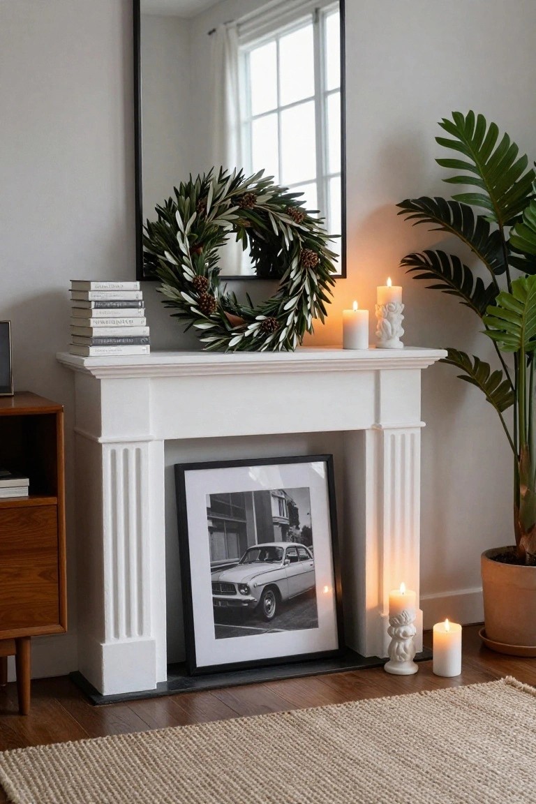 White fireplace mantel with olive leaf wreath, stacked books, white candles on a cherub statue and standalone, large black-and-white photo frame of a classic car, beside a potted palm plant and wooden side table on hardwood floor.