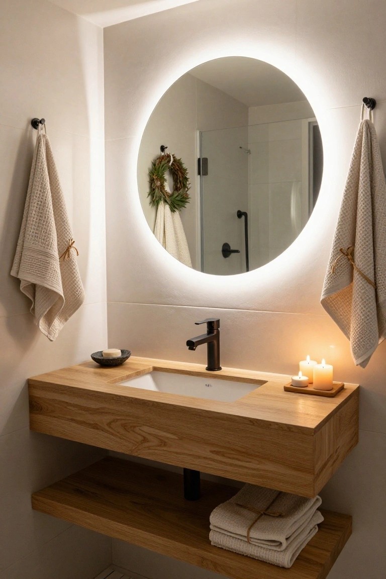 Modern bathroom with floating oak wood vanity, round backlit mirror with greenery wreath, black faucet, soap dish, candles on counter, linen towels on hooks, wreath on glass shower door, and lower shelf with folded towels.