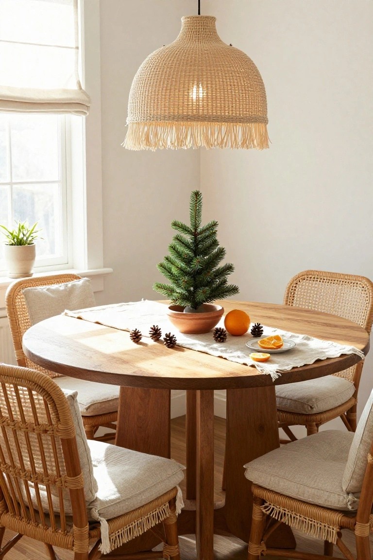 Round wooden dining table with four rattan chairs in a bright white room, centered with a small potted Christmas tree, oranges, pinecones on a linen runner, and a braided rattan pendant light overhead.