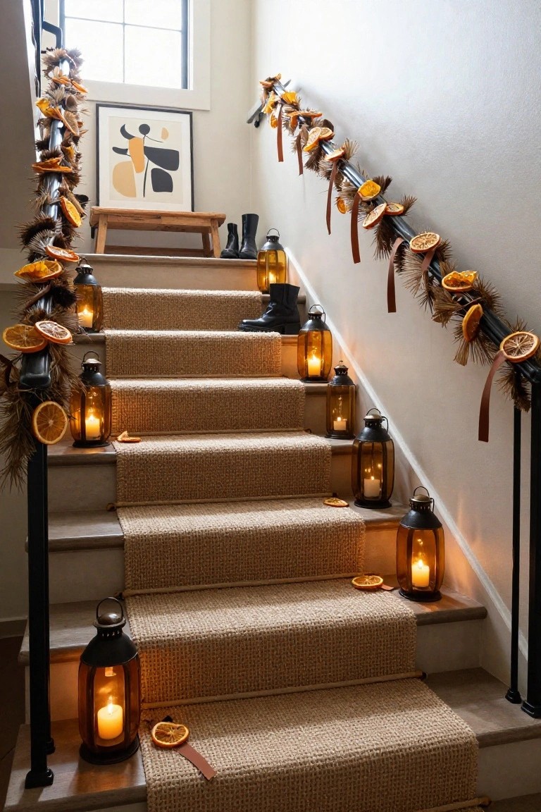 Carpeted interior staircase with black metal banister wrapped in garland of dried orange slices, wheat stalks, and ribbons, plus amber glass lanterns with lit candles placed on steps and landings.