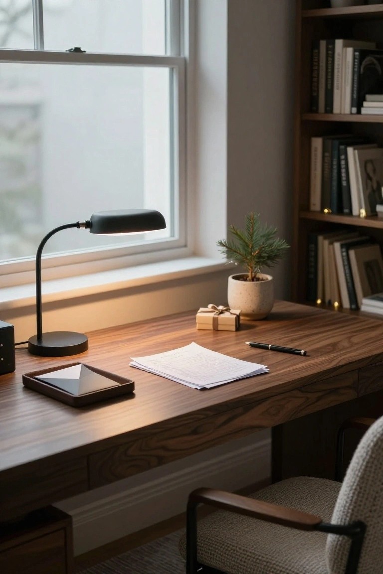 Wooden desk in a cozy home office with a small potted Christmas tree, wrapped gift boxes, papers, pen, adjustable desk lamp lit up, and bookshelves with books and lights nearby.