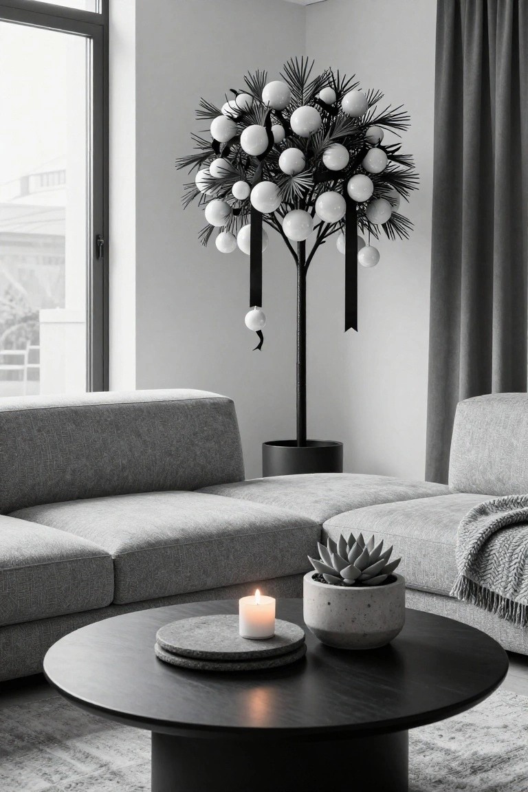 Black metal palm tree floor lamp with multiple white globe bulbs in a minimalist gray living room corner, next to gray sofas, black coffee table, concrete succulent pot, and white candle.