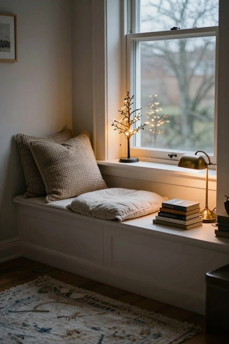 Cozy indoor window bench with beige textured pillows, white cushions, stack of books, brass banker's lamp, small lit twig tree with fairy lights on the sill, and view through window to foggy bare trees outside.