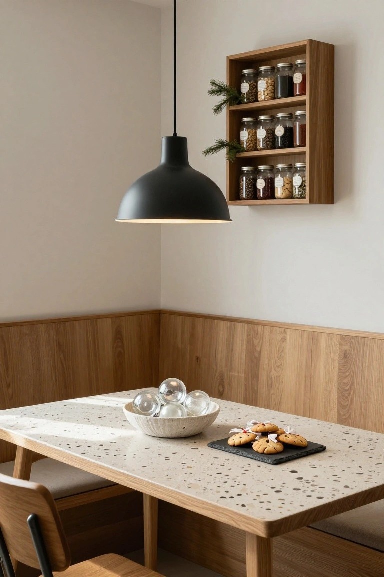 Wooden open shelving unit on a beige wall displaying glass jars of spices, nuts, and grains topped with pine branches, above a corner booth with terrazzo table holding a bowl of clear glass ornaments and a slate plate of ribboned cookies.