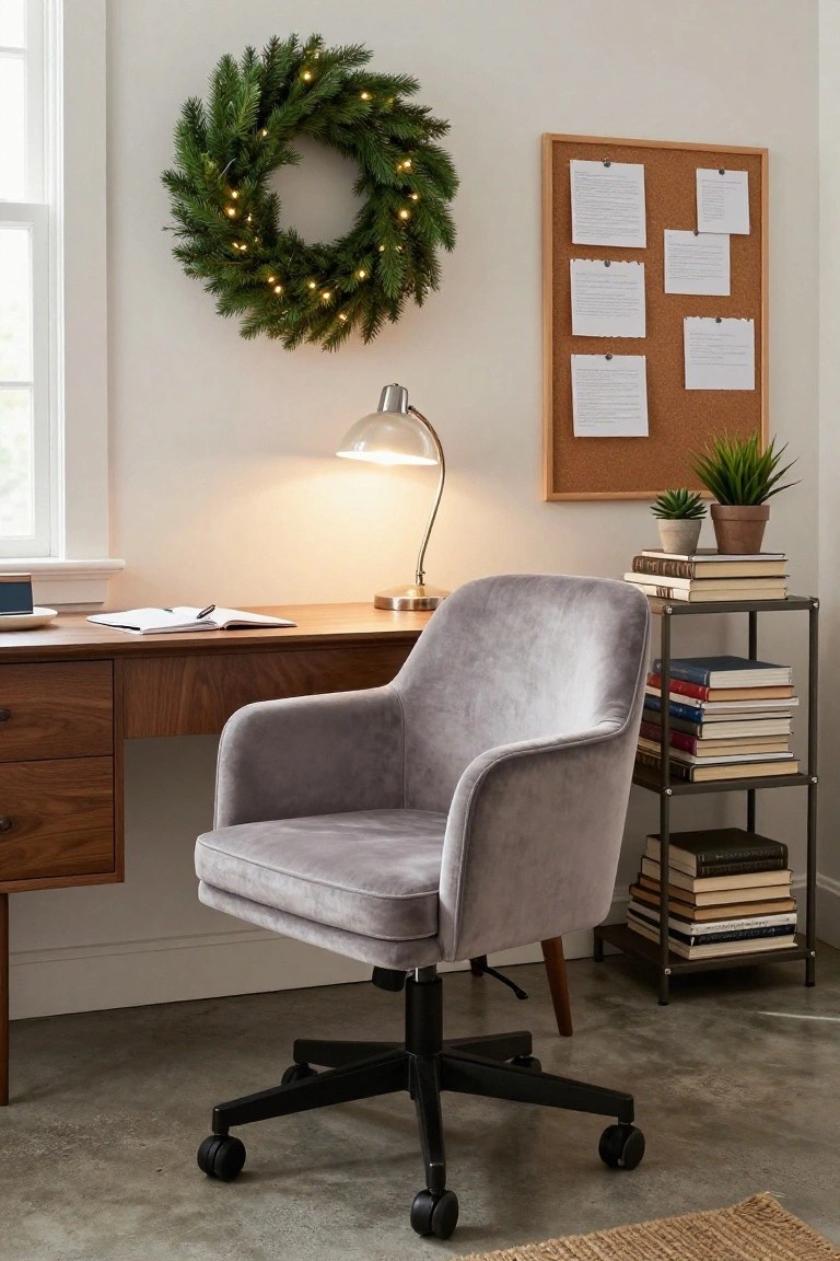 Modern home office featuring a wooden desk with open notebook, gray velvet office chair, metal bookshelves with stacked books, corkboard with notes, desk lamp, potted plants, and a lighted Christmas wreath on the wall next to a window.