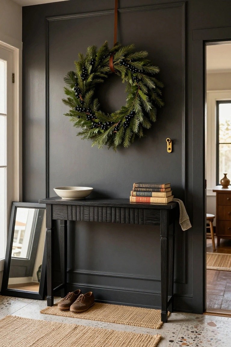 Dark-walled interior entryway with black console table holding stacked books, white bowl, and linen cloth; leaning black-framed mirror; large evergreen Christmas wreath with berries hanging on wall; brown leather shoes on seagrass rug; open door to adjacent room.