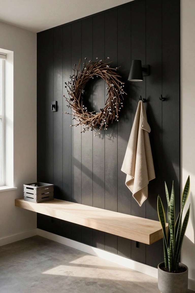 Black vertical plank wall in an entryway with a dried branch wreath centered, black wall sconce above, hooks holding a beige towel, wooden floating bench below with a gray crate, and potted snake plant to the side.