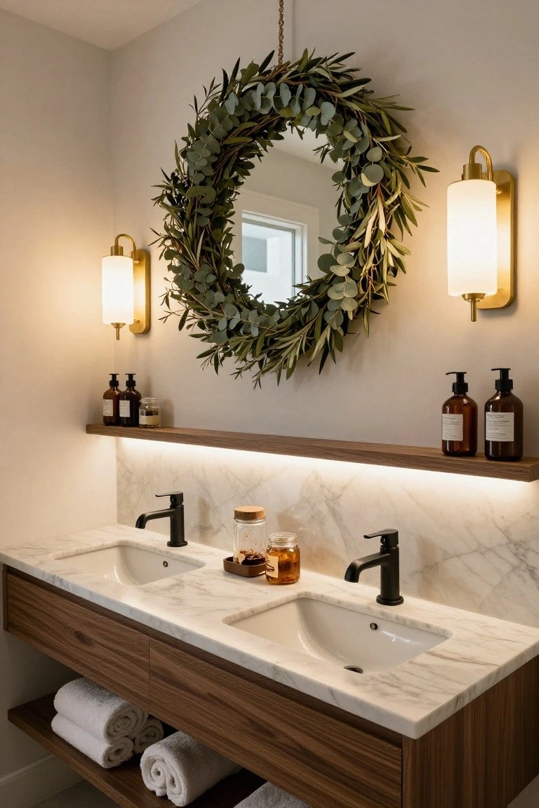 Modern bathroom with double undermount sinks on a walnut vanity topped by white marble, a round mirror framed by a eucalyptus wreath, flanked by two gold sconces, and shelves holding amber bottles above LED backlighting.