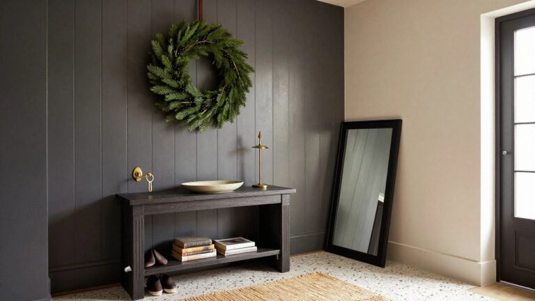 Dark-walled interior entryway with black console table holding stacked books, white bowl, and linen cloth; leaning black-framed mirror; large evergreen Christmas wreath with berries hanging on wall; brown leather shoes on seagrass rug; open door to adjacent room.