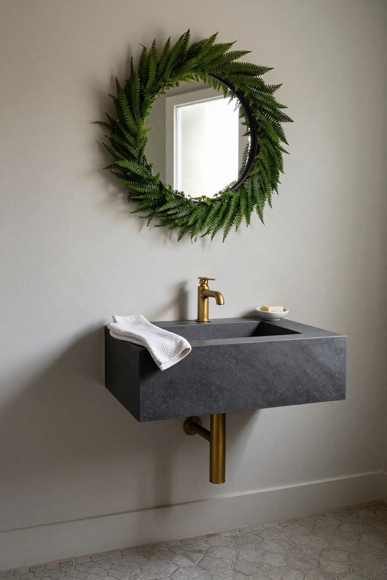 Round mirror framed by lush green fern wreath on a light gray bathroom wall above a floating black stone sink with gold faucet and exposed pipe, white towel draped over sink edge, small white soap dish, and hexagonal gray tile floor.