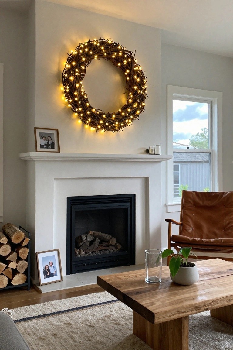 Living room interior with a white fireplace mantel topped by family photos and a candle, a lit twig wreath hanging above, gas fireplace with logs burning inside, firewood stack to the side, wooden coffee table holding a glass and potted plant, brown leather chair, and neutral area rug.