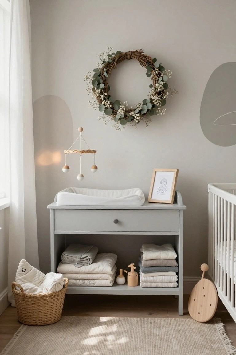 Neutral nursery room with gray changing table dresser holding linens and basket, eucalyptus wreath on beige wall, wooden mobile hanging nearby, framed art, and white crib in corner.