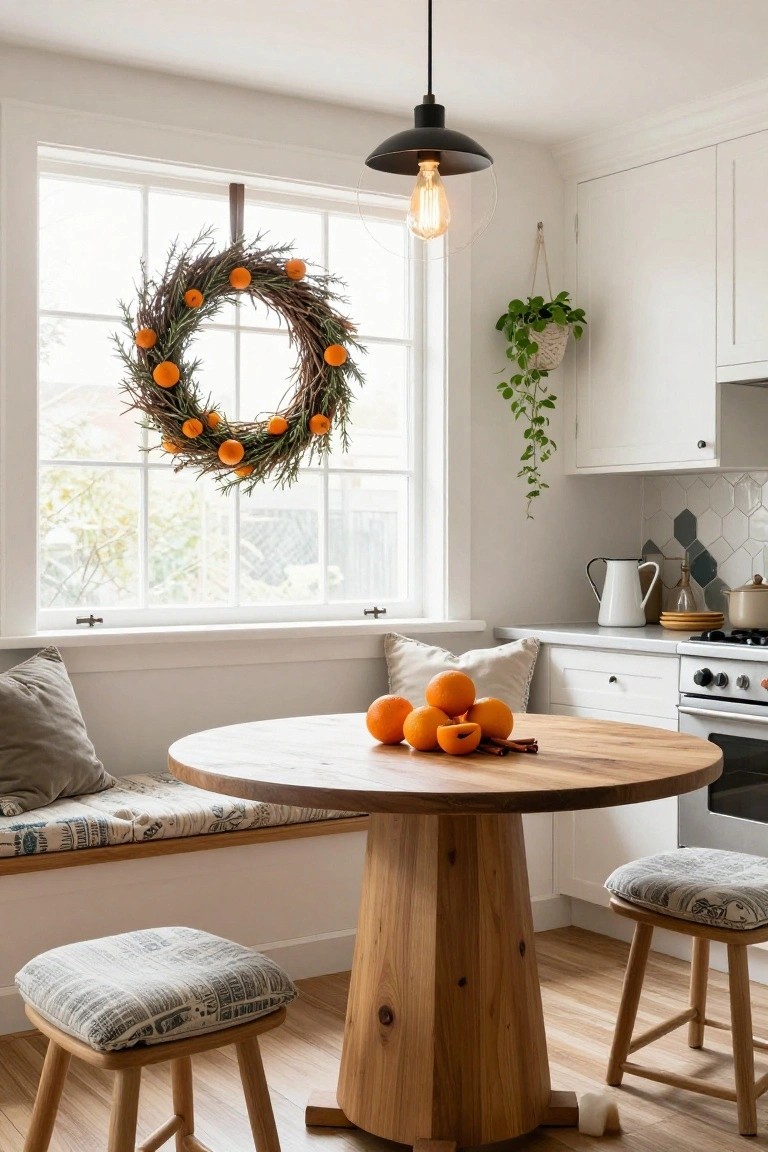 Kitchen nook with white cabinets, wooden round table holding oranges and cinnamon sticks, built-in bench and stools, rosemary and dried orange wreath hanging on window, pendant light overhead.