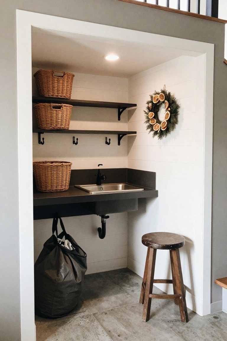 Small indoor laundry nook with white shiplap walls, wooden shelves holding three wicker baskets, black countertop sink with faucet and drain, black laundry bag on floor, wooden stool nearby, and green pine wreath with dried orange slices hanging on wall.