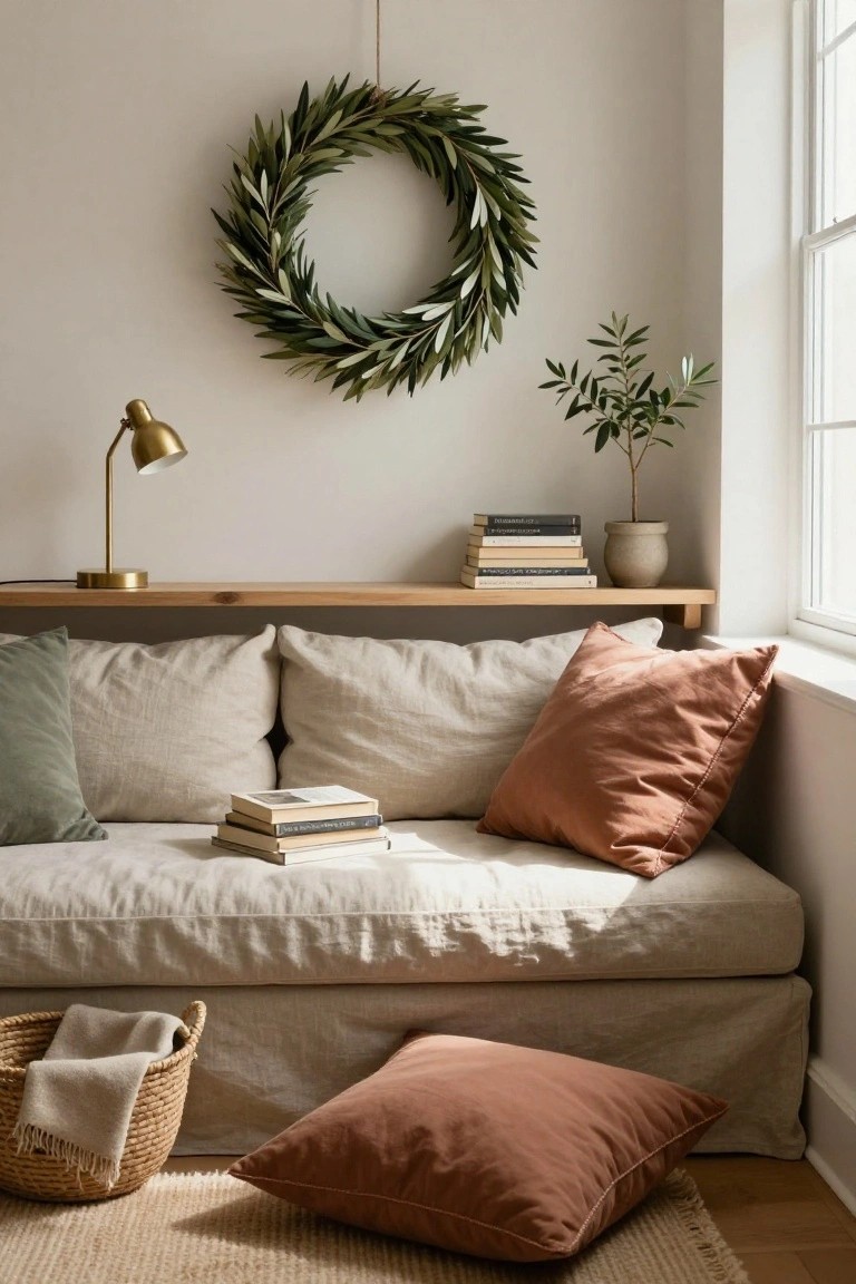 A green olive leaf wreath hangs on a light beige wall above a wooden shelf holding books and a potted plant, with a gold desk lamp nearby, beside a window seat on a beige daybed with cream, green, and rust pillows in a bright room.