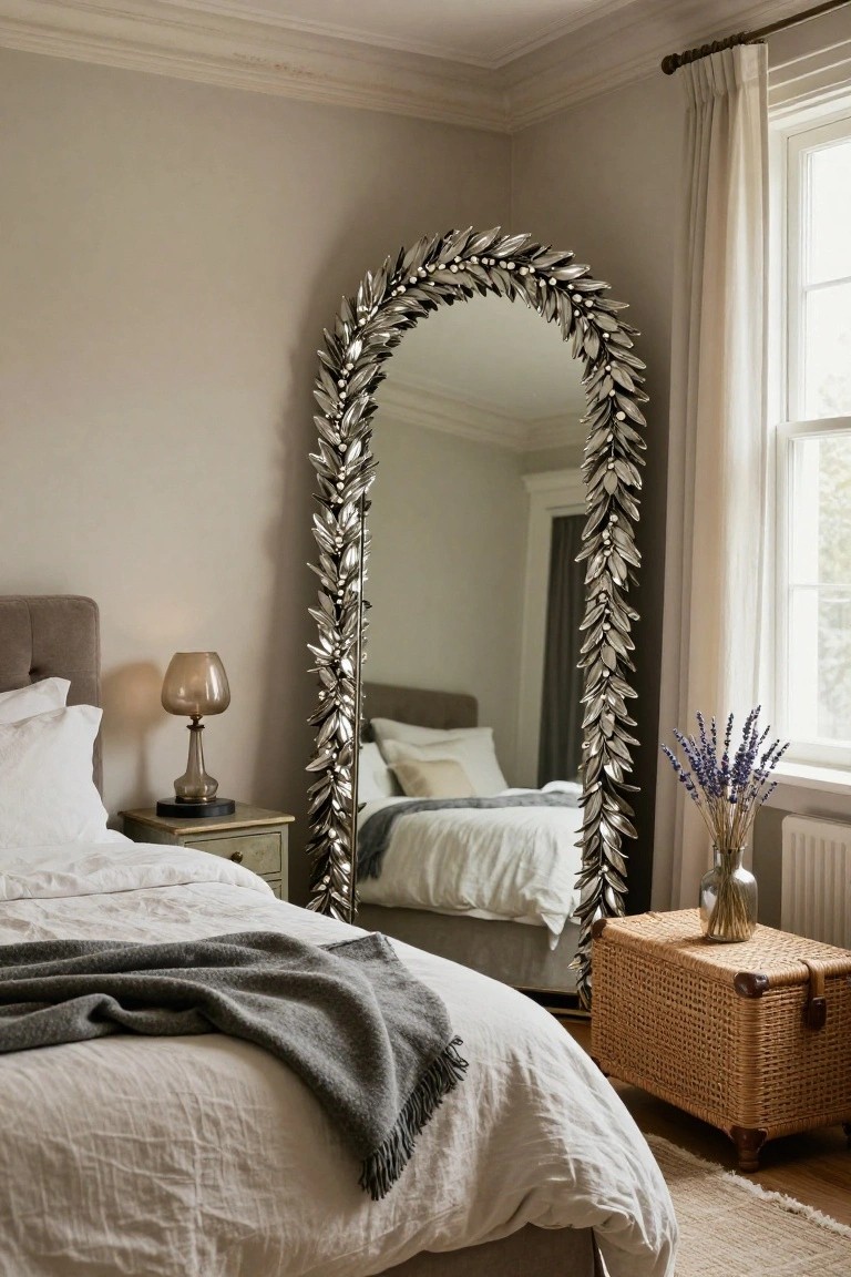 Tall arched floor mirror with silver laurel leaf frame in a light gray bedroom corner next to a bed with white sheets, gray throw, bedside lamp and table, window with white curtains, and wicker bench holding lavender vase.