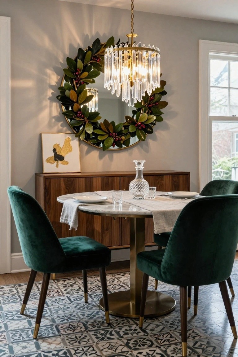 Dining room interior with four emerald green velvet chairs at a round marble-topped table on brass base, wooden sideboard holding a crystal decanter, large round gold mirror decorated with magnolia leaf wreath and red berries, and crystal chandelier overhead.
