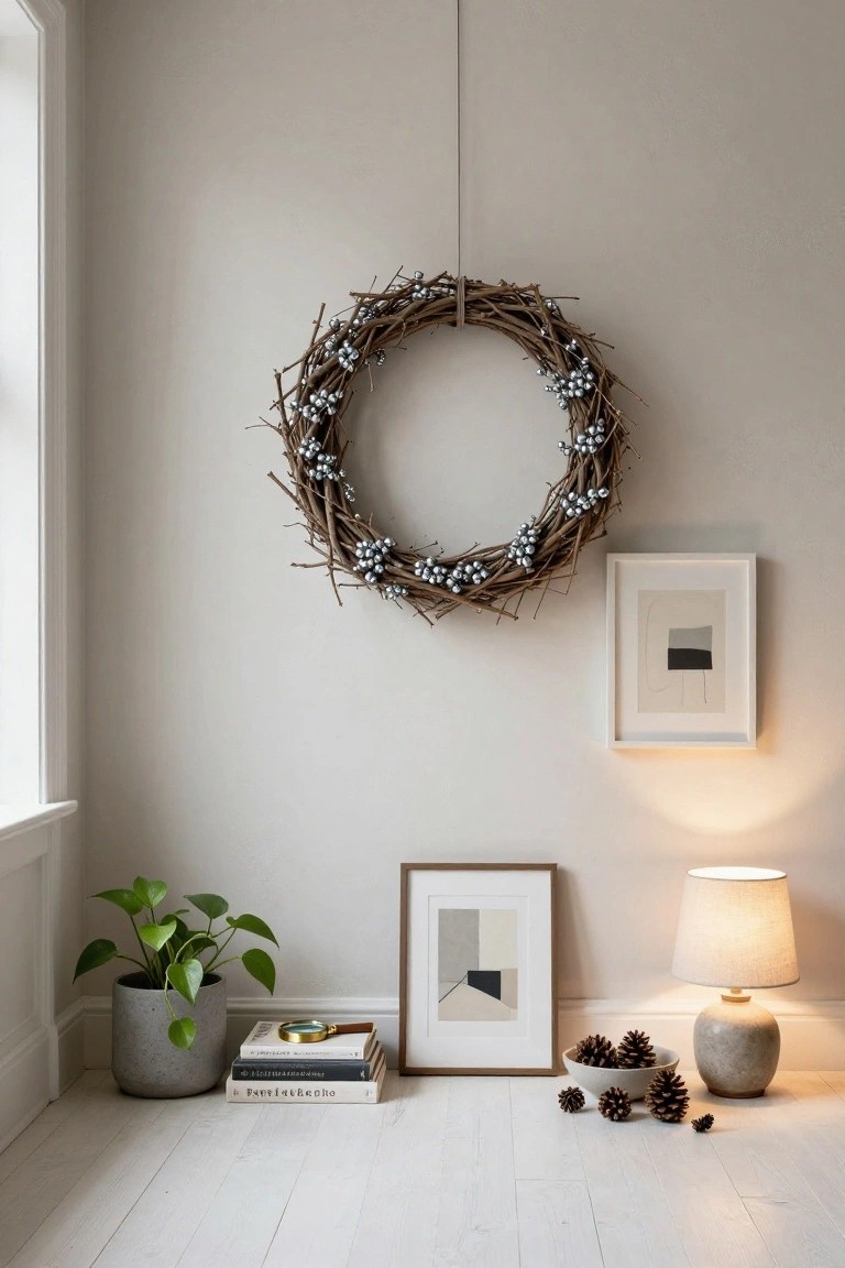 Beige interior room corner with twig wreath adorned with silver berries hanging on the wall, abstract art frames, potted green plant, stacked books, magnifying glass, table lamp, and scattered pine cones on the floor.