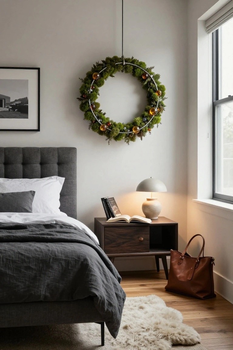 Modern bedroom with gray tufted bed, white and gray bedding, dark wood nightstand holding lamp books and vase, brown leather tote bag on floor, large circular moss wreath with gold ornaments on wall above bed, near window with blinds.
