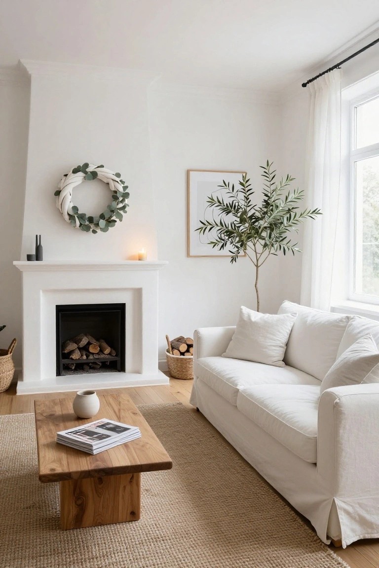 White living room corner with a fireplace mantel holding a white fabric and green eucalyptus wreath, a lit candle, black vases, and stacked firewood; a white sofa, wooden coffee table with magazines, seagrass rug, and potted olive tree nearby.