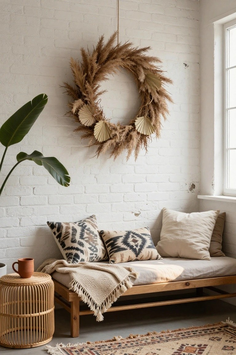 Large wreath of dried pampas grass, palm leaves, and shells on white brick wall above wooden daybed with patterned pillows, linen throw, and beige cushions, beside potted plant, rattan table with terracotta mug, and woven rug on floor.