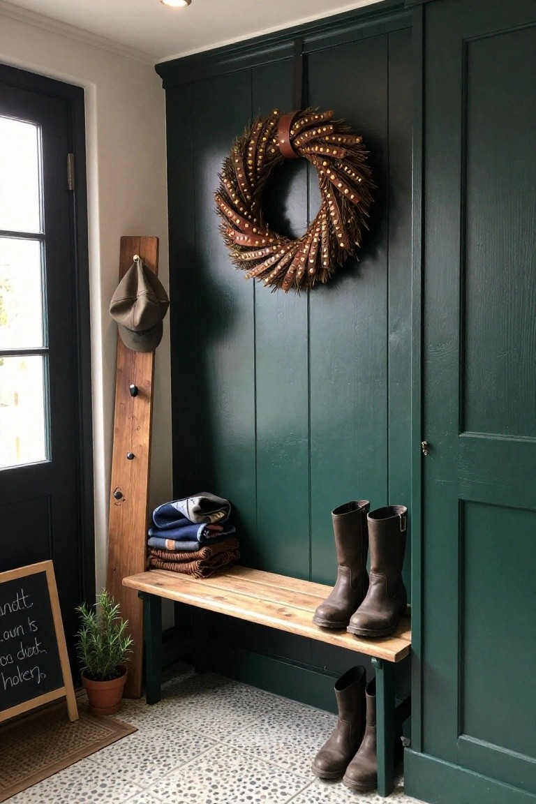 Entryway with dark green paneled walls and doors, wooden vertical coat rack with hat, bench holding boots and folded blankets, potted rosemary plant, chalkboard sign, woven mat, and large textured brown wreath hanging on the wall.