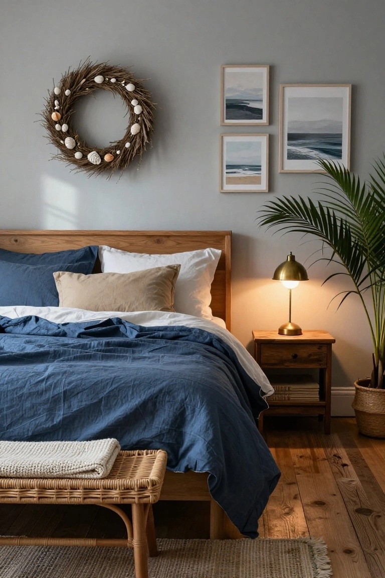Bedroom interior featuring a wooden bed with navy linen duvet and white pillows, a wreath of dried grass shells and eggs on gray wall above headboard, ocean landscape prints, brass lamp on wooden nightstand with books, potted palm plant, and rattan bench with throw at bed foot on hardwood floor.