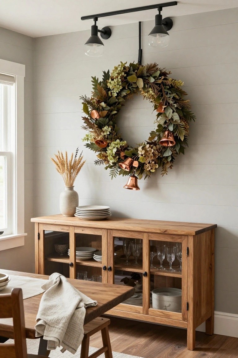 Large circular wreath of dried green eucalyptus, beige hydrangeas, copper bells, and other textured elements hangs on light gray shiplap wall above wooden glass-front buffet cabinet with dishes inside, beside dining table and pampas grass vase in airy room with window.