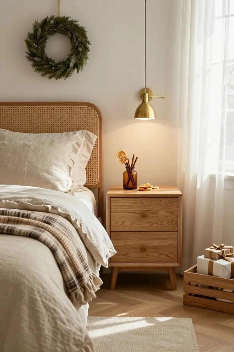 Bedroom corner with rattan headboard bed draped in white linen sheets and a plaid throw, wooden nightstand holding a vase of dried oranges and cinnamon sticks plus cookies, wrapped gifts in a wooden crate nearby, green wreath on wall, and gold wall lamp.