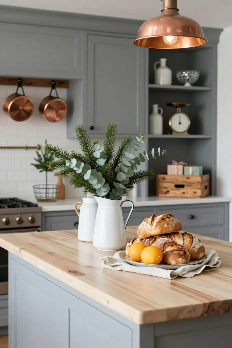 Gray Shaker-style kitchen cabinets with wood-topped island holding white pitchers of eucalyptus and fir branches, stacked loaves of bread, and oranges on a plate, copper pots hanging on wall, brass clock on open shelves, and copper pendant light overhead.