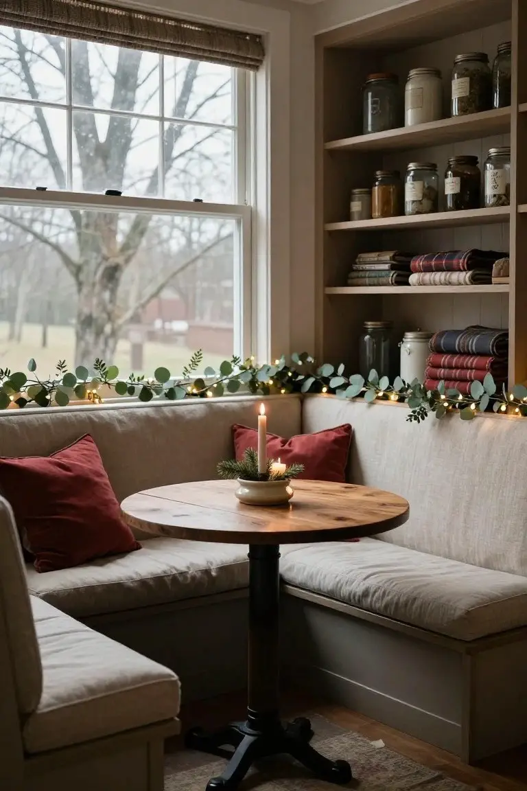 Cozy beige banquette seating around a round wooden table in a light-filled window nook, with eucalyptus garland and string lights on the windowsill, candles and small potted plant on the table, open shelves holding jars books and blankets nearby.