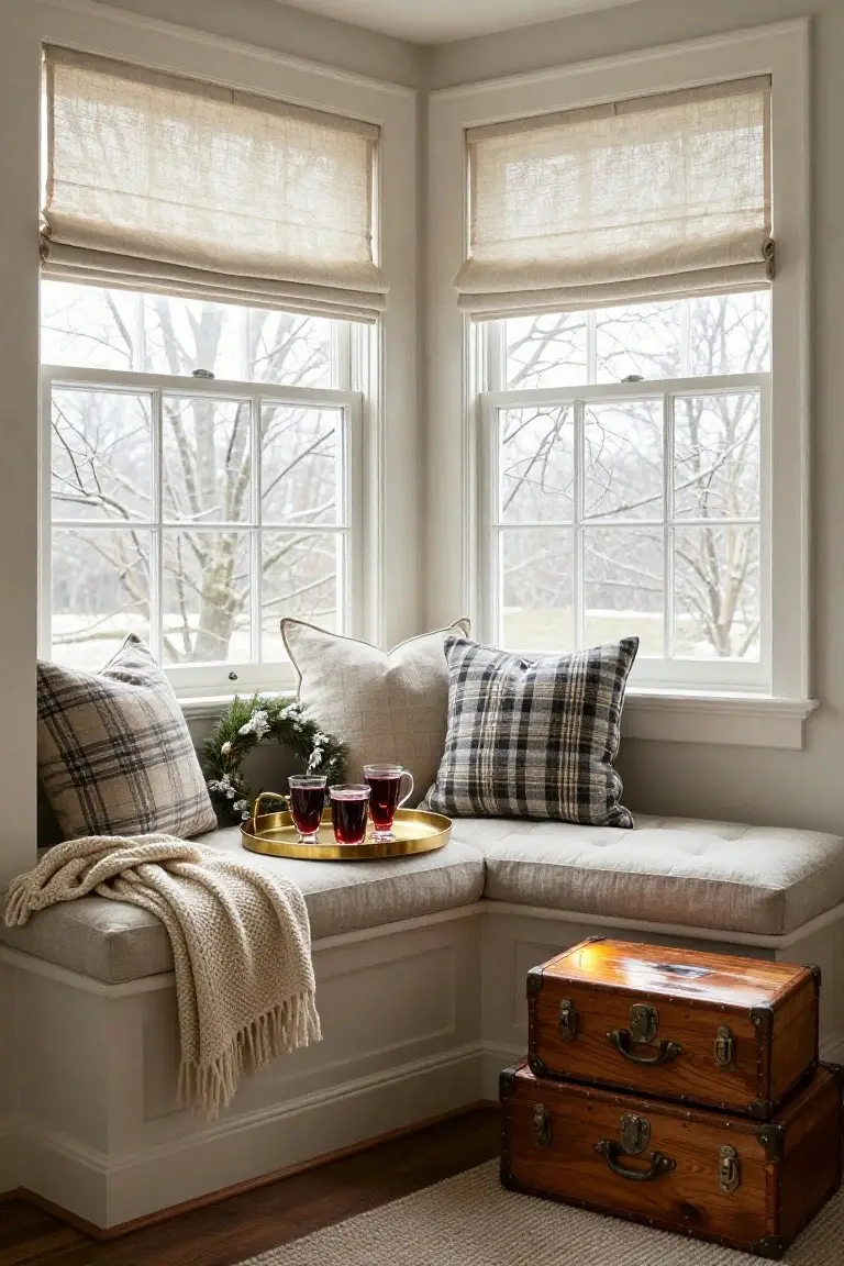Corner window nook with built-in beige bench seat, plaid and cream pillows, draped cream knit blanket, gold tray with three glasses of red mulled wine, small Christmas wreath, linen roman shades, and two stacked wooden trunks on light wood floor beside white walls and winter tree view.